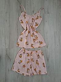 Pembe Kedi Desenli İp Askılı Şortlu Penye Gecelik Takımı