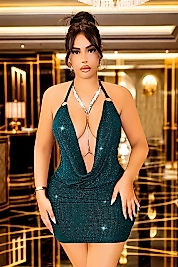 İnce Askılı Simli yeşil Fantazi Gece Elbisesi