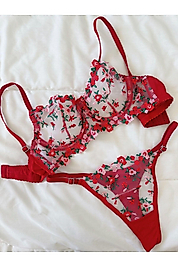 Çiçek Desenli Balenli Kapsız Brode 3 Renkli Sütyen Takımı