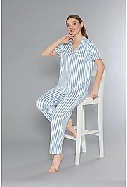 Mavera Kadın Mavi Beyaz Çizgili Kısa Kol Uzun Pijama Takımı