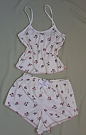 Beyaz Pembe Çiçekli Kaşkorse Şortlu Fitilli Pijama Takımı